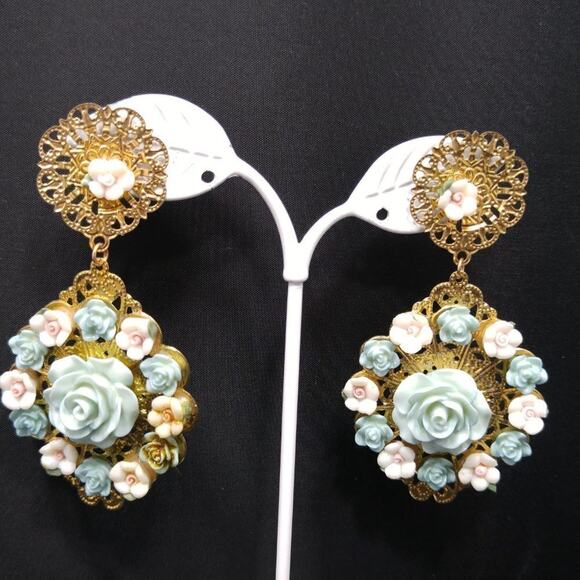 Vintage Floral Filigree Gold Post Dangle Earrings, Pink Blue Flowers, 3 Inches - Picture 2 of 12